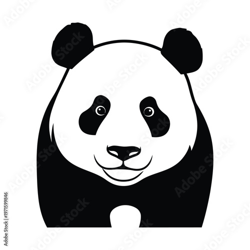 Stylized black and white illustration of a friendly giant panda's face and upper body looking forward directly at the viewer.
