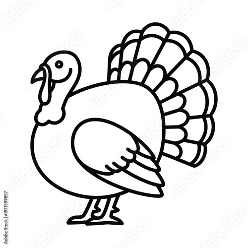 Simple black and white line art drawing of a happy turkey with fanned tail feathers, standing sideways.