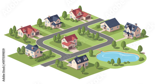 Isometric illustration of a quiet suburban neighborhood with houses and a pond