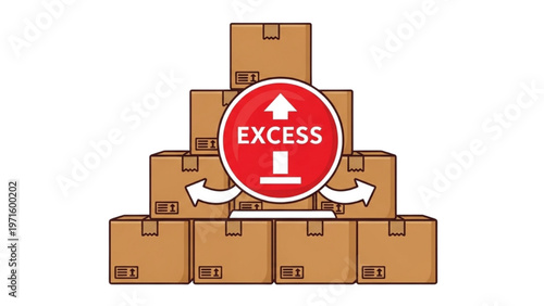 Overproduction Waste Icon for Lean Six Sigma, Stacked Inventory Boxes with Excess Symbol, Muda Reduction and Supply Chain Optimization Vector Graphic