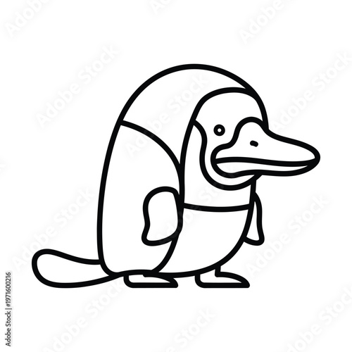 Minimalist black and white line art illustration of a platypus standing in a simple, clean style.