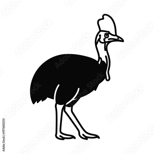 Black and white outline illustration of a cassowary bird standing in profile.