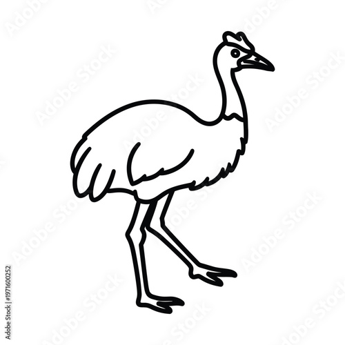 A simple black and white line drawing of a large, flightless bird, possibly an emu or cassowary, walking.