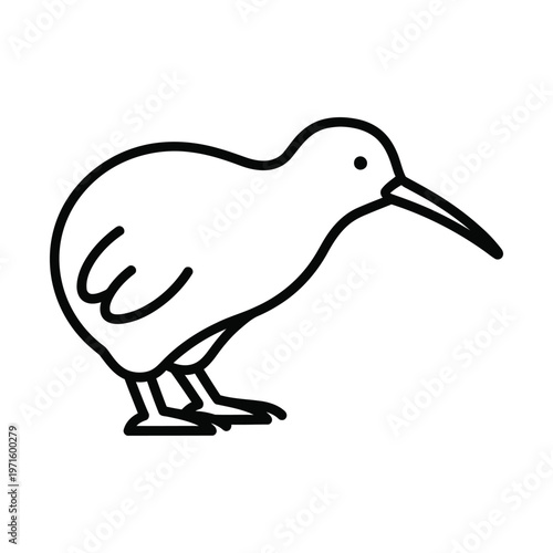 Simple black outline drawing of a kiwi bird, a flightless bird native to New Zealand, depicted in profile with its long beak.