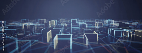 Abstract city or landscape made of glowing wireframe cubes connected by lines on dark background.
