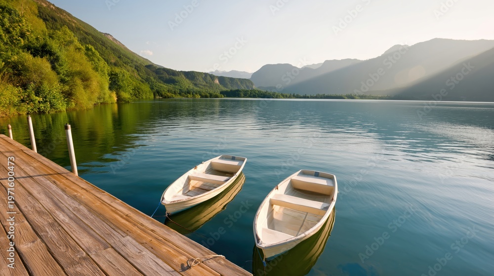 Obraz premium Serene Lake with Boats at Sunset