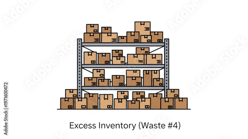 Excess Inventory Waste Icon for Lean Six Sigma, Overflowing Warehouse Shelving Unit with Boxes, Muda Reduction and Logistics Optimization Vector Art