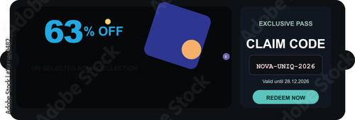 Modern dark mode discount voucher with 63 percent off, exclusive pass claim code banner, digital coupon vector for online shopping and retail promotions