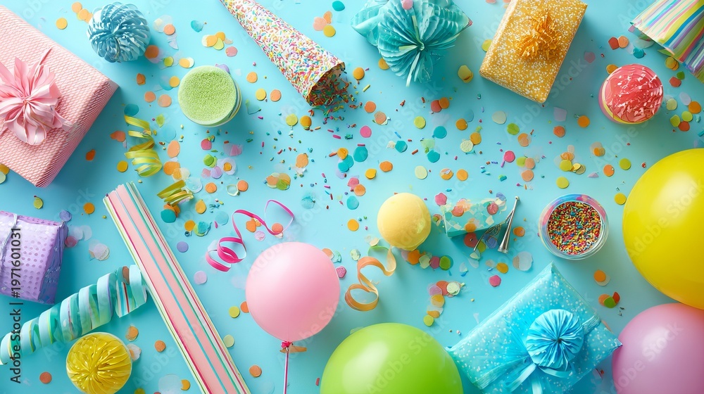 Fototapeta premium A colorful celebration scene with balloons, gifts, and confetti on a blue background