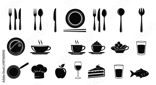 Black silhouettes of various dining and cooking related items are shown
