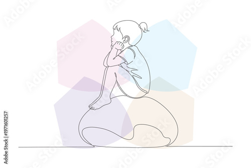 Thoughtful young child sitting in a pensive pose, continuous line drawing, pastel geometric background, hand-drawn illustration for kids and nurseries.
