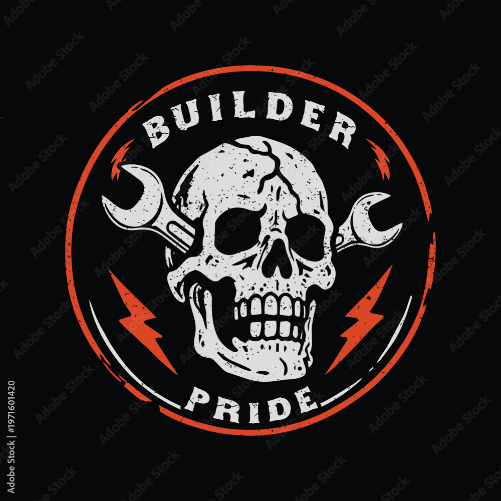Fototapeta premium Vintage BUILDER PRIDE MECHANIC SKULL Motorcycle EMBLEM PATCH Vector Illustration