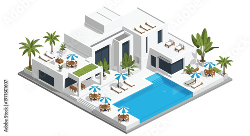 Isometric illustration of a modern white villa with a swimming pool