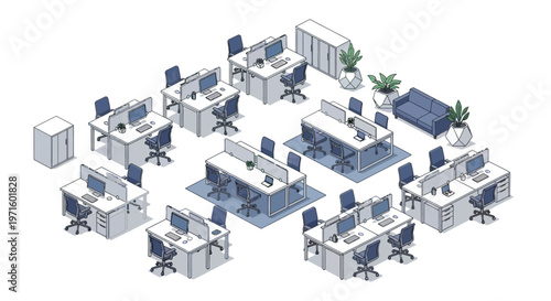 Isometric illustration of a modern open plan office workspace with desks