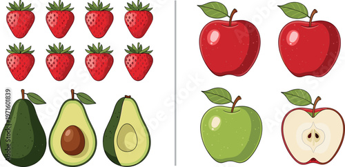 Fresh fruit vector set with strawberries, apples and avocado, colorful healthy food illustration collection isolated on white background for design