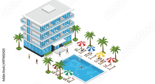 Isometric illustration of a modern hotel with a pool and palm trees