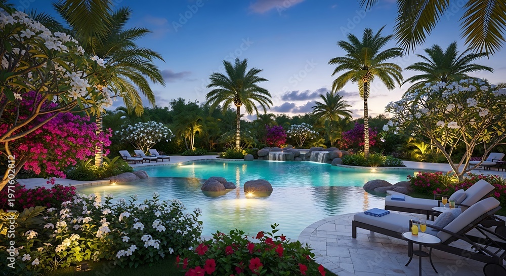 Fototapeta premium Luxurious tropical resort swimming pool illuminated at dusk with palm trees, vibrant flowers, and lounge chairs.