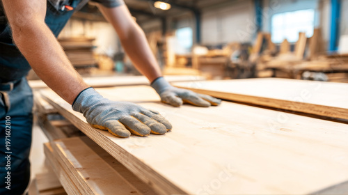 Skilled worker's hands in gloves carefully handling and selecting plywood sheets, emphasizing industrial woodworking and construction material