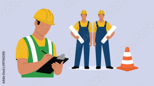 Construction workers in yellow hard hats and blue overalls with blueprints and clipboard keywords male