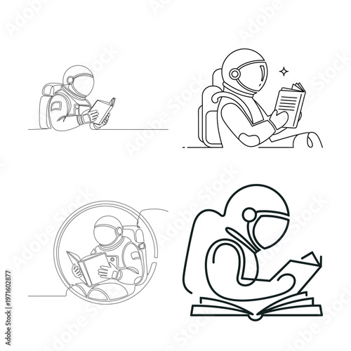 Astronaut reading in space hand drawn sketch collection