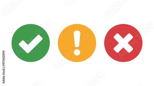 Green checkmark orange exclamation mark red cross symbols on keywords white background tick
