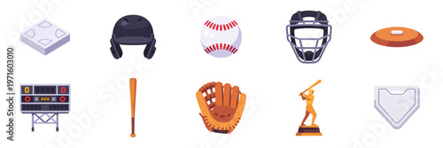 Canvastavla Set of baseball sport icons, bat, ball, glove, helmet, scoreboard, colorful coll