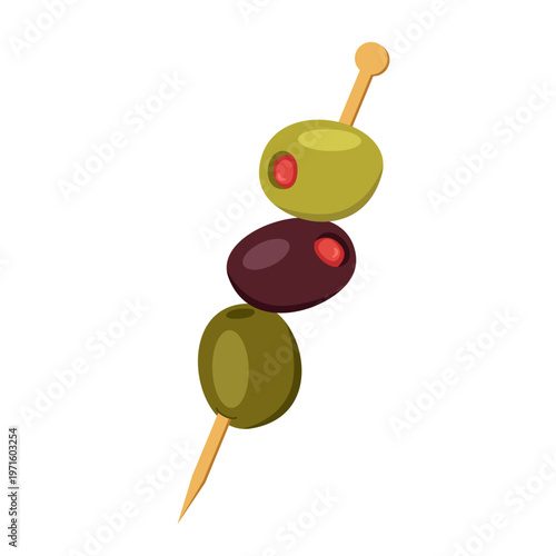 Green and black olives with paprika on stick isolated on white background. Vector illustration of healthy greek food