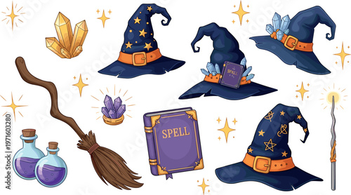 Magic wizard accessories vector set with spell book, hat, broom, potions and wand, fantasy witchcraft illustration isolated on white background