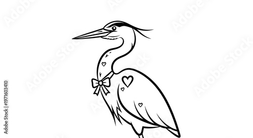 Black and white line art illustration of a graceful heron bird adorned with a small bow and heart patterns, perfect for a coloring book.