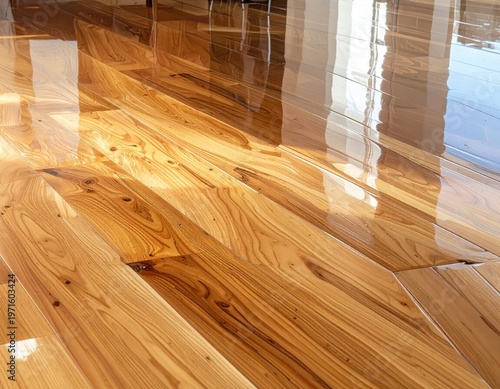Beautifully Polished Wooden Floor with Glossy Finish and Reflections