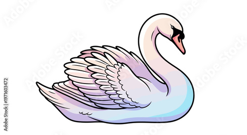 A graceful white swan with a black beak and pink highlights, floating peacefully on water in a cartoon style illustration.