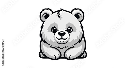 Cute cartoon baby polar bear illustration with a friendly expression, featuring a white furry cub sitting and smiling.