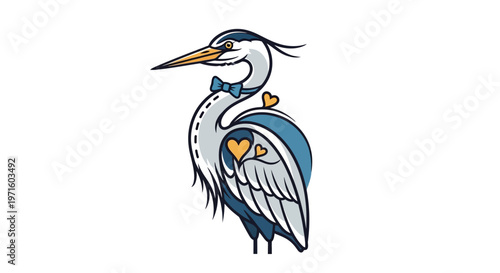 Stylized blue and grey heron illustration wearing a bow tie and adorned with small yellow heart shapes.