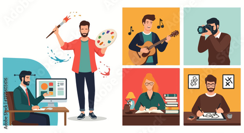 Creative professions vector set, diverse artists and designers at work, flat illustration of painter musician photographer and writer characters