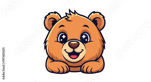 A charming and adorable cartoon bear cub with sparkling eyes and a happy smile, peeking over a surface.