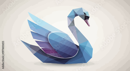 A beautiful low-poly geometric swan illustration in shades of blue and purple, depicted with sharp facets and a graceful posture against a soft, light background.