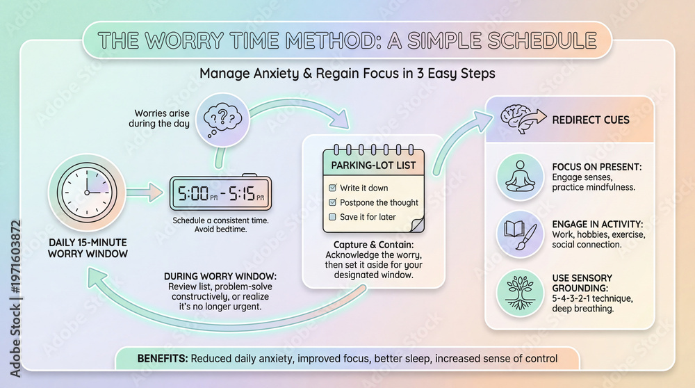 Fototapeta premium Worry time method infographic structures focus. Worry infographic shows daily worry window, parking lot list, redirection cues, grounding, mindfulness, focus habits for calmer days