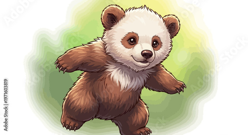 A charming cartoon illustration of a happy baby panda with brown fur and white markings, standing playfully on its hind legs.