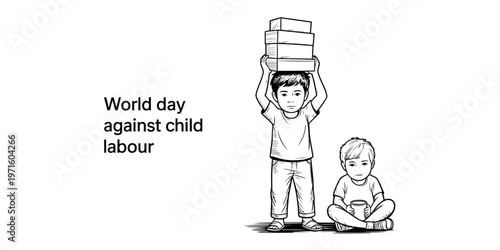 A poignant black and white illustration highlighting the struggle against child labour globally Vector, illustration