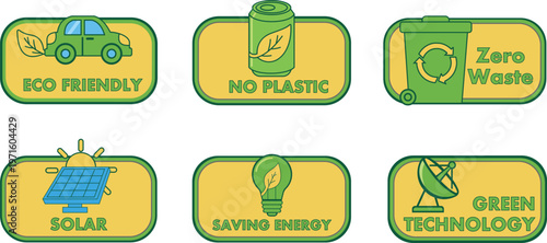 Eco Friendly Colorful Labels Set Green Energy Zero Waste No Plastic Solar Icons