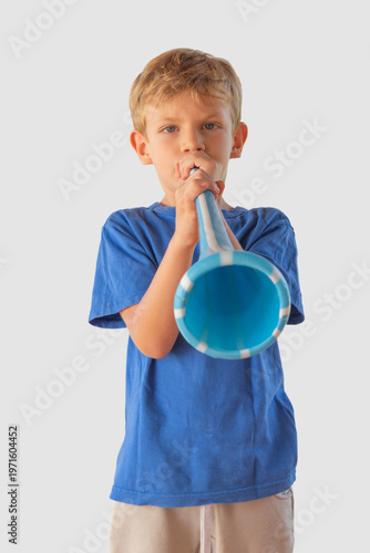 A child with a light blue and white vuvuzela. Isolated.