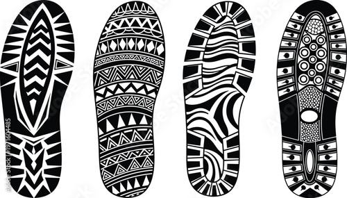 This graphic displays four distinct black and white illustrations of shoe soles each showcasing intricate and unique tread patterns and designs high quality