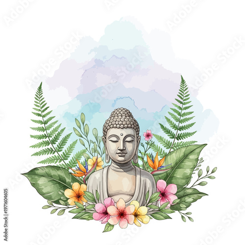 Buddha statue surrounded by tropical flowers and leaves watercolor style