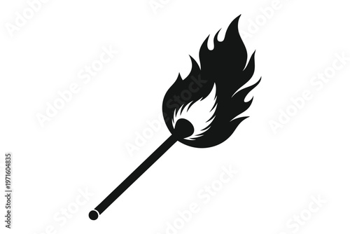 burning match in a fire silhouette line art vector illustration