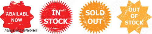 Four grungy stock status labels available now in stock sold out of stock  retail sale signs