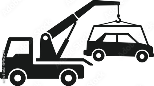A black silhouette depicts a tow truck lifting a car with a crane showcasing roadside assistance and vehicle recovery high quality professional detailed