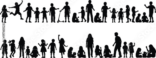 A diverse collection of silhouetted figures depicts children and families engaging in playful activities showcasing movement and togetherness high quality professional detailed modern