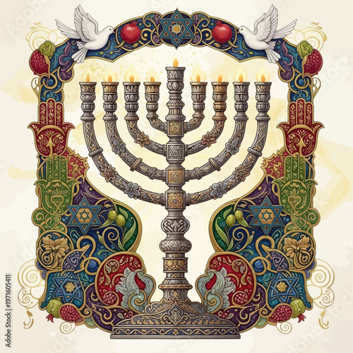 Hanukkah menorah with colorful ornate frame and white doves