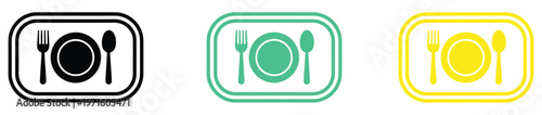 Web plate with spoon and fork for restaurant or cafeteria use, collection of three tray and utensil icons for cafeteria, restaurant, and catering services