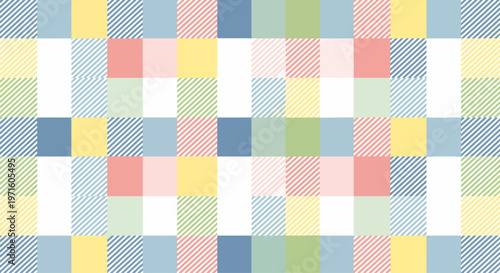 Repeating geometric tiles with diagonal hatching and soft hues for stylish background use.